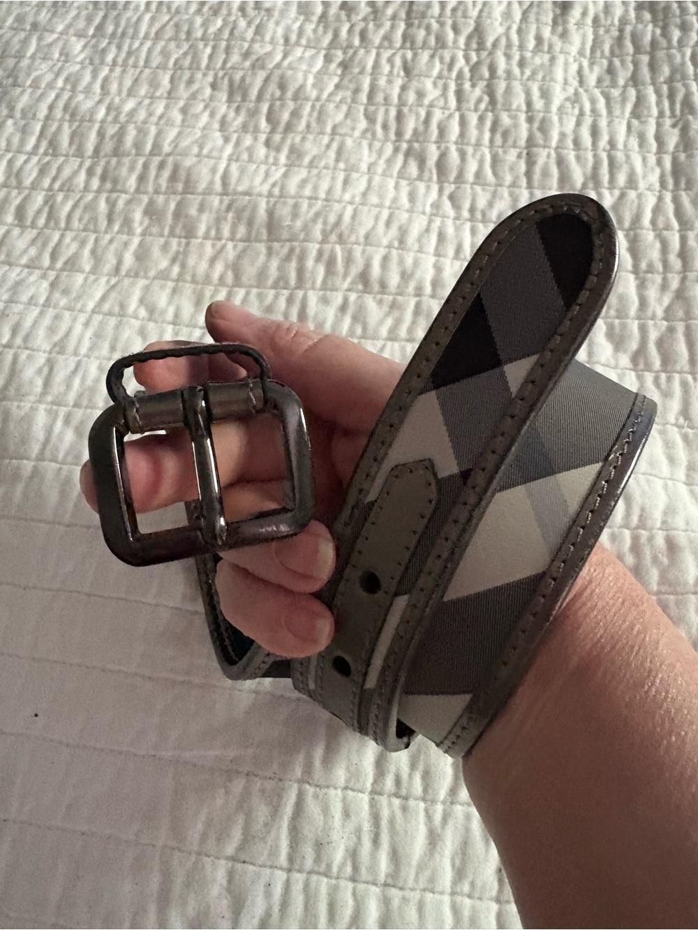 Burberry Gun Metal Beat Check Coated Canvas Patent Leather Buckle Belt 90 CM L
